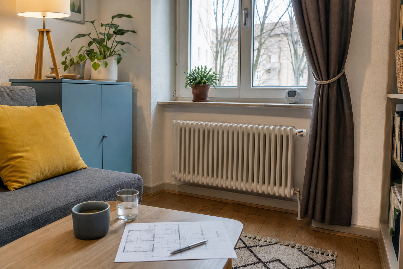 Heizkörper unter einem Fenster in einem bewohnten Altbauzimmer mit Thermometer und Grundriss
