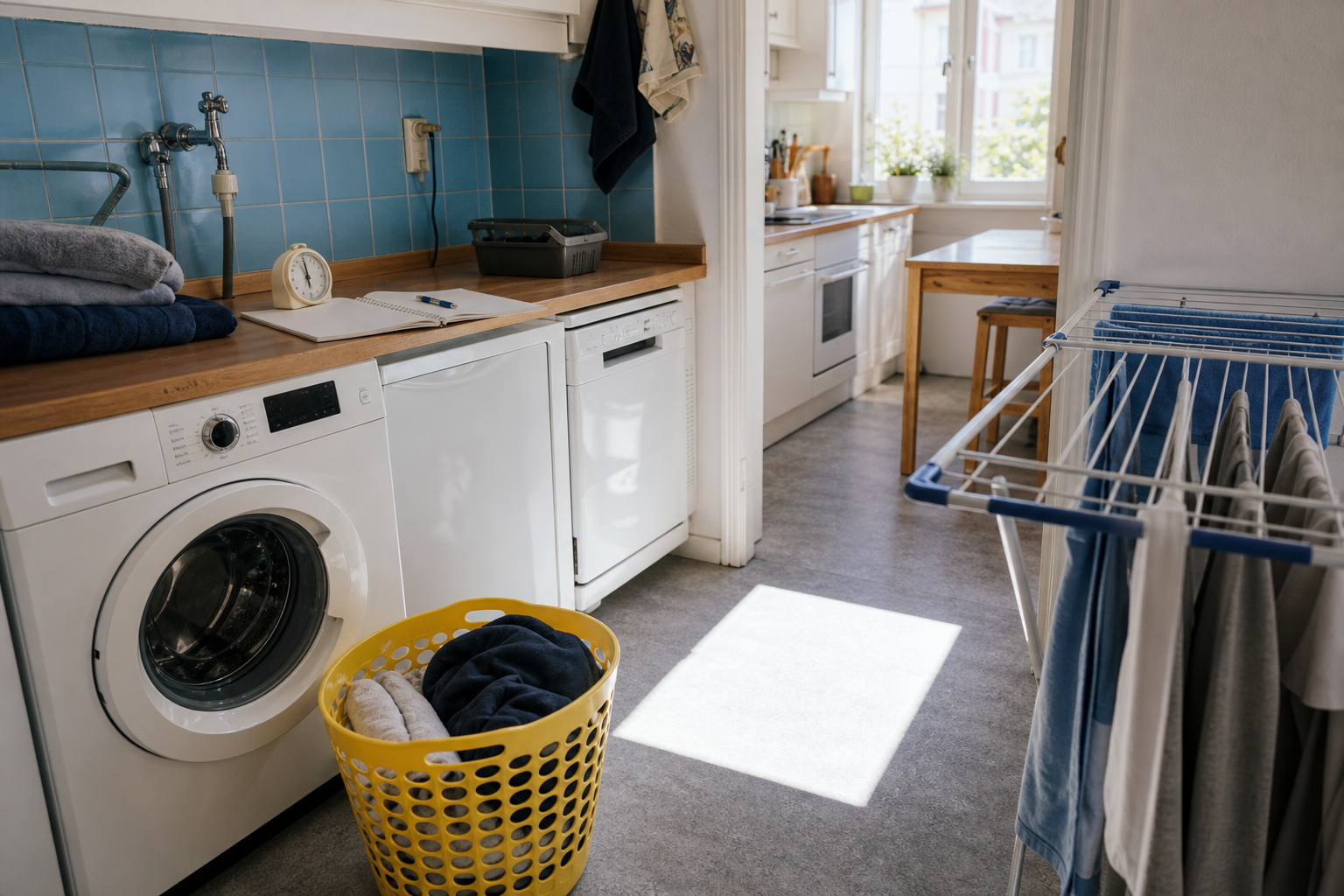 Heller Hauswirtschaftsraum mit Waschmaschine, Wäscheständer, Uhr und gelbem Wäschekorb
